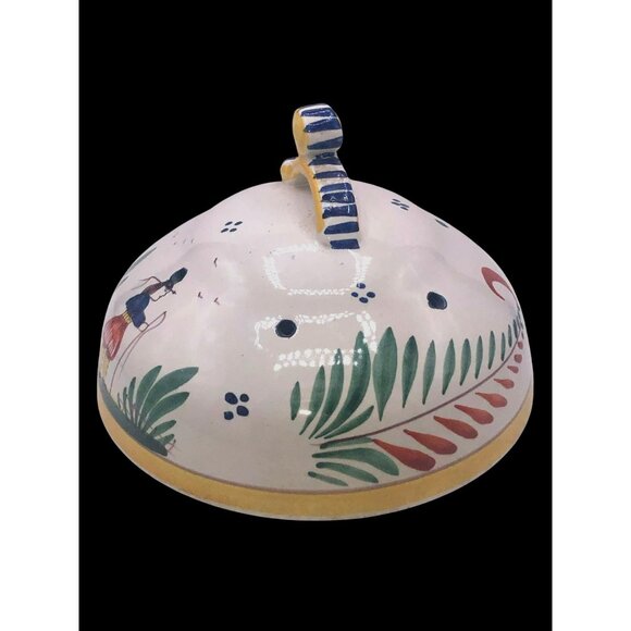 VTG Hand Painted Quimper Bretonne Man Ceramic Cheese Dome Lid 5 Holes France Sig - Picture 4 of 6